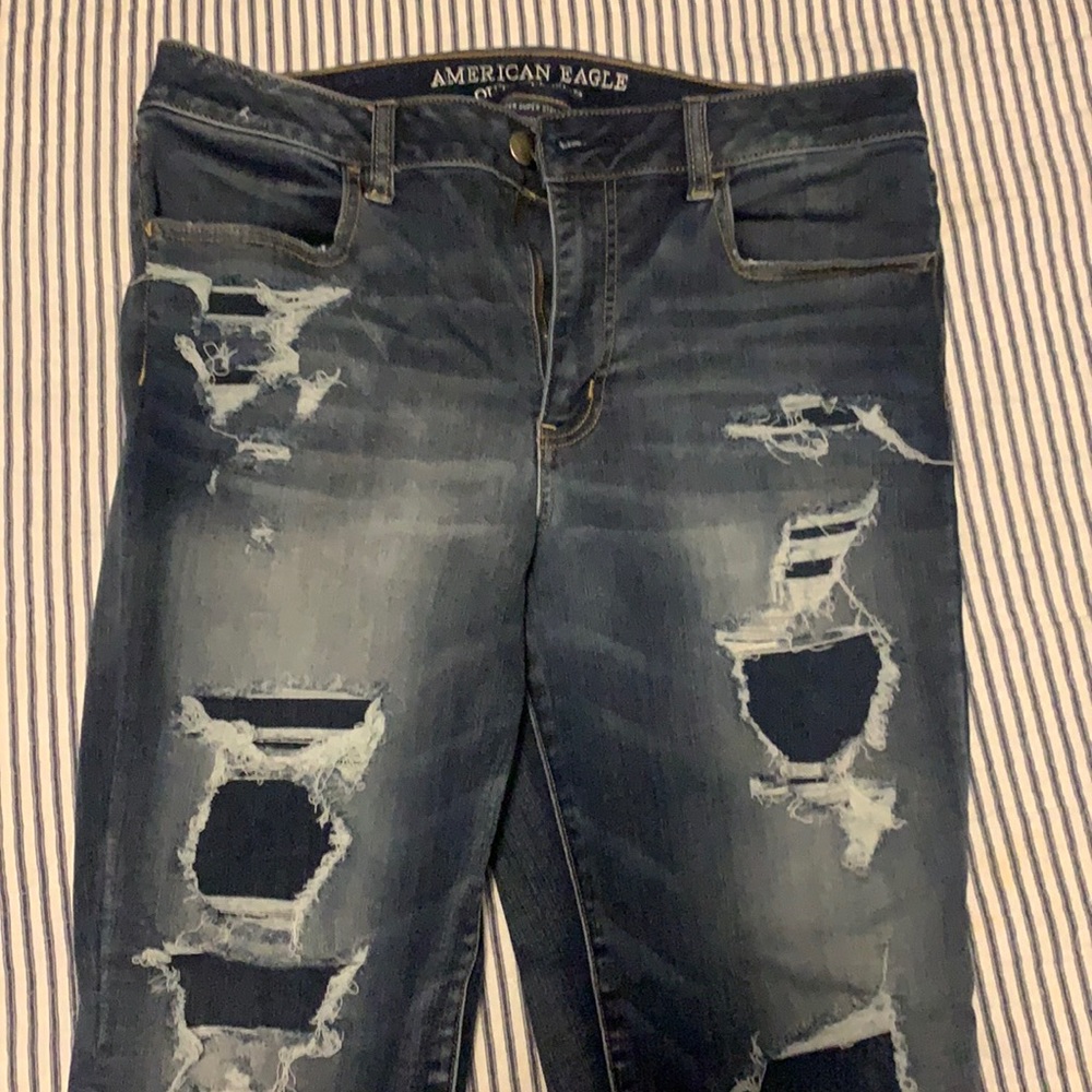American Eagle super, super stretch distressed jeans, no holes 14 regular